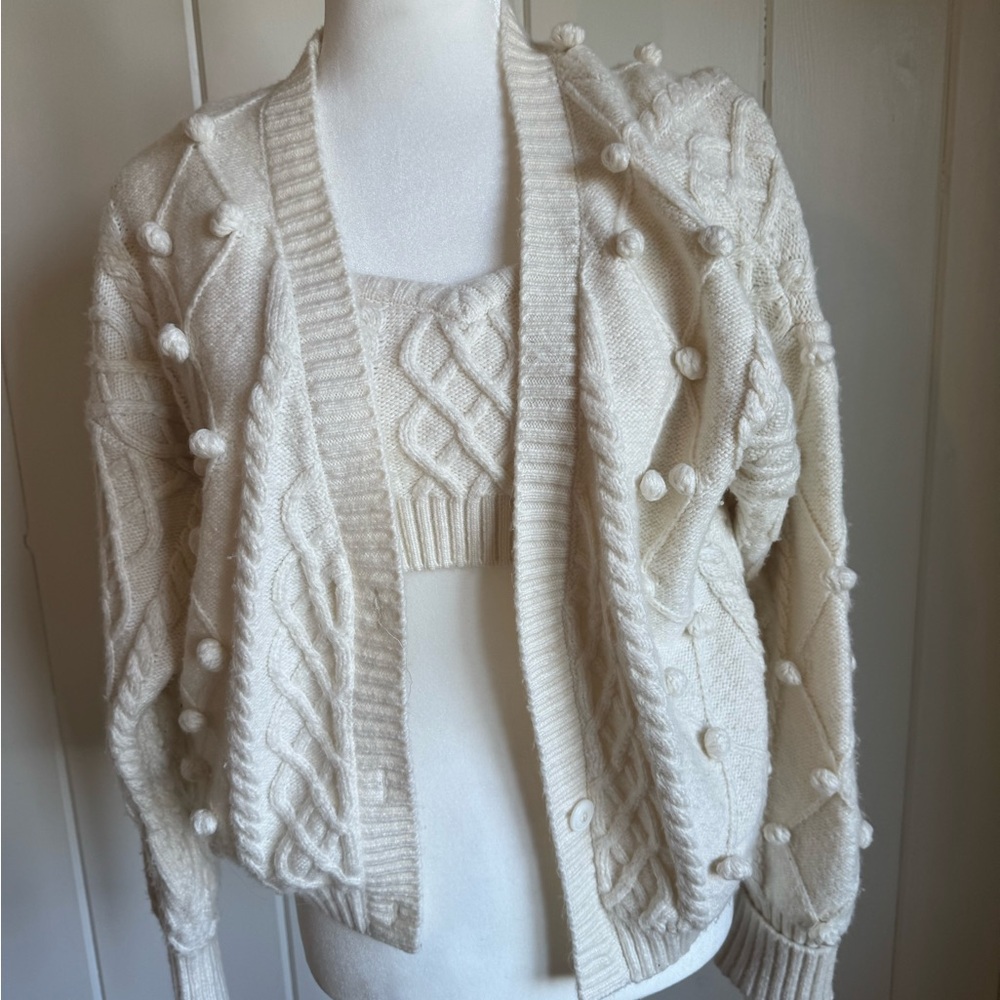 For Love And Lemons Ivory Pom Pom Cardigan